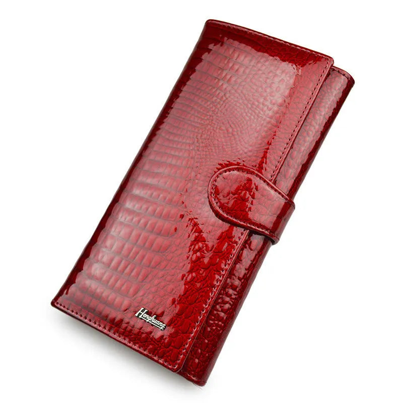 Women's genuine leather coin purse with crocodile pattern texture in wine red, black, and red colour options