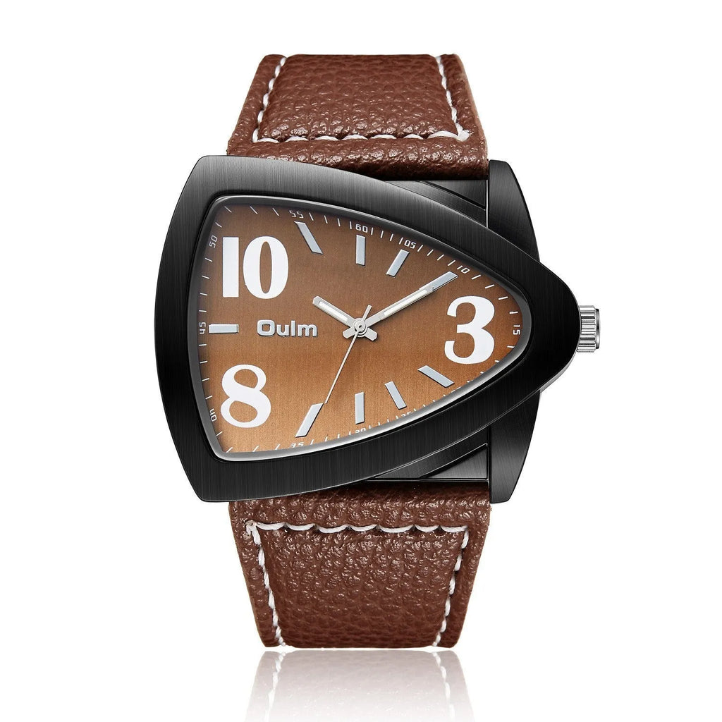 Men's brown casual quartz watch with a triangle belt on a wrist, showing slim 9mm profile.