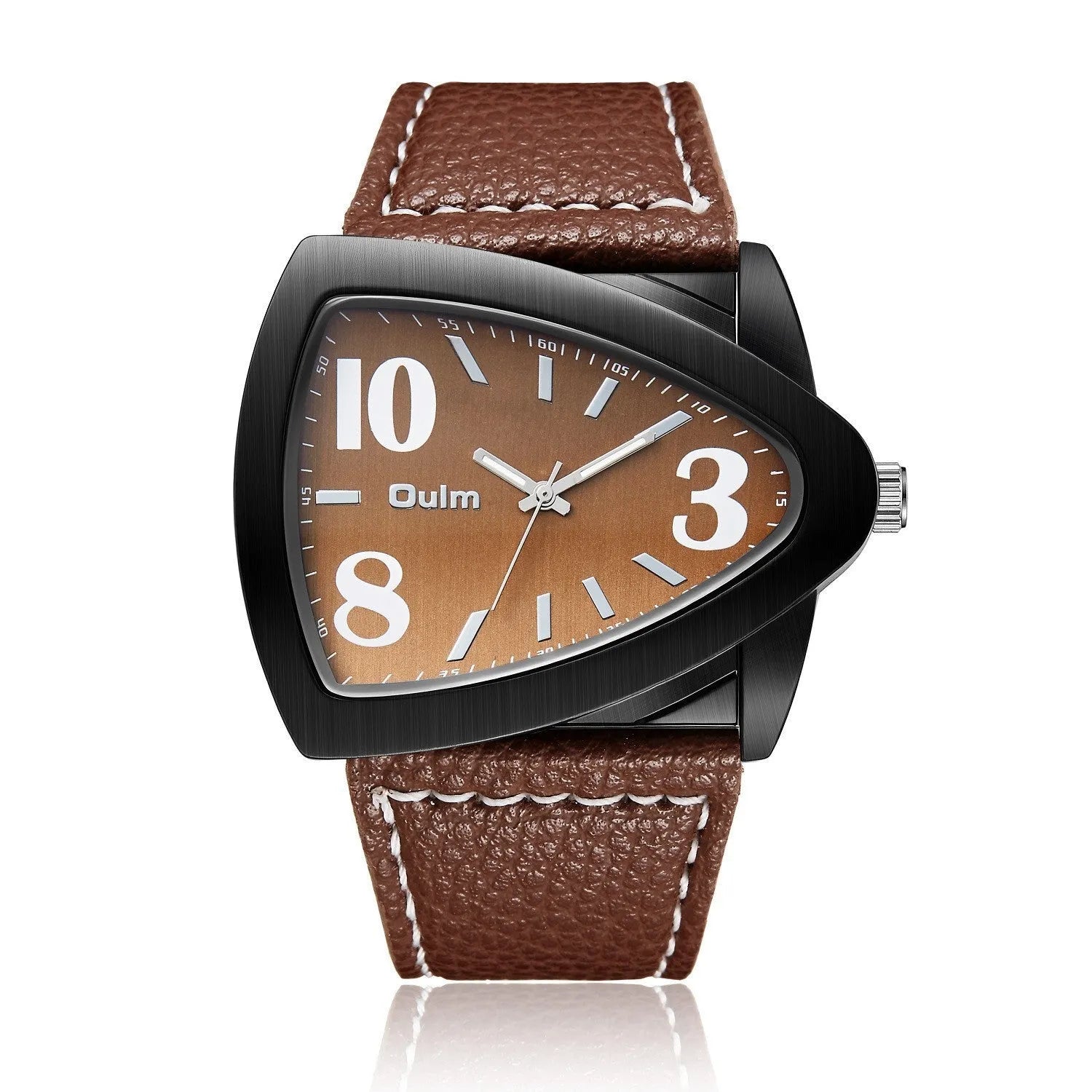 Men's brown casual quartz watch with a triangle belt on a wrist, showing slim 9mm profile.