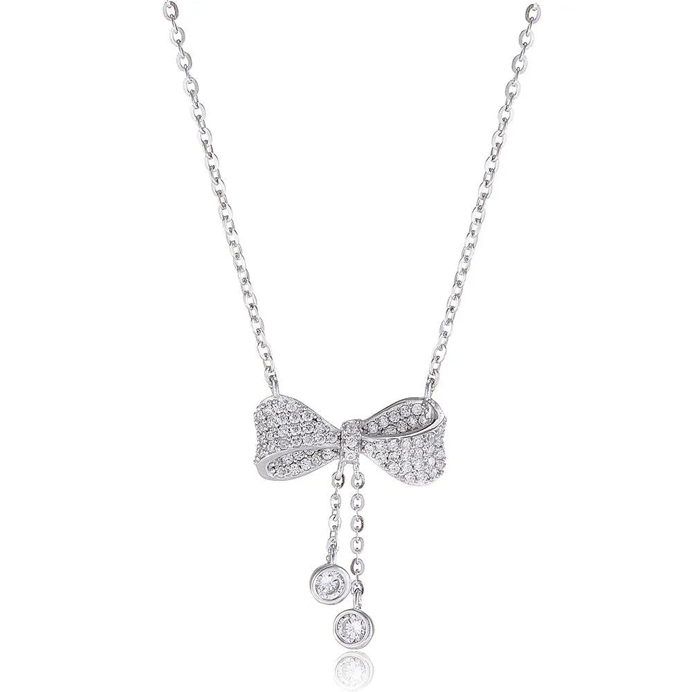 S925 sterling silver bow pendant necklace with O-ring chain, 40-45cm length