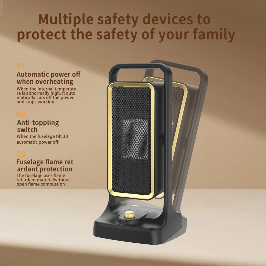 Black desktop PTC ceramic heater with knob control, measuring 14.9x11.1x33.5 cm