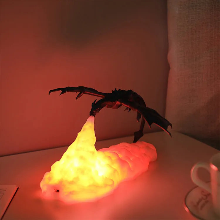 3D printed red dragon night light with glowing effect on a dark background