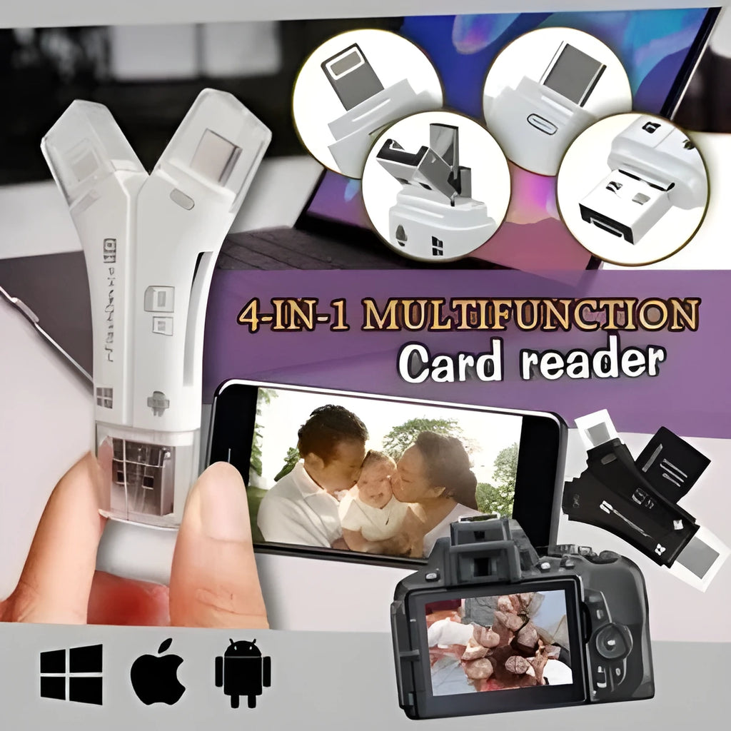 White 4-in-1 mobile phone card reader with SD and Micro SD slots for iPhone and Android.