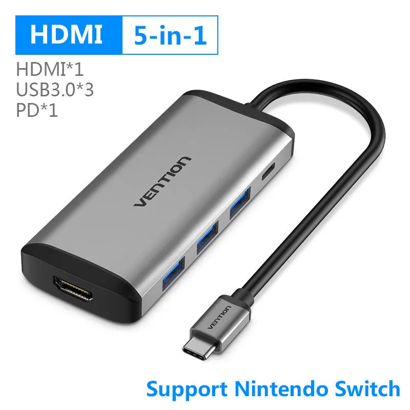 Deep grey USB C to HDMI adapter with multiple ports including ethernet and USB 3.0