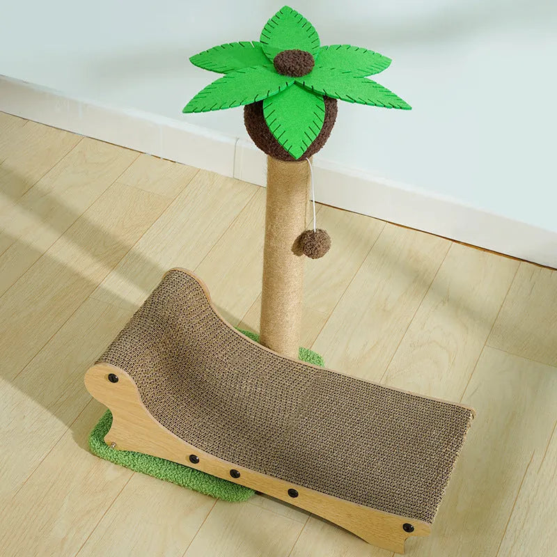 Wooden beach chair style cat nest with integrated scratch board for cats