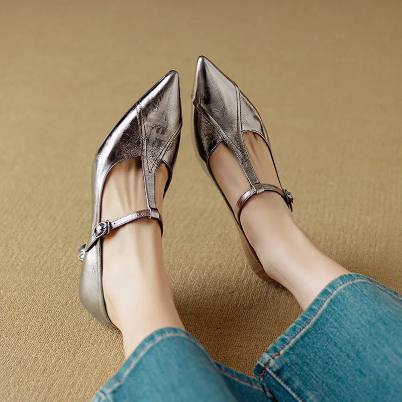 Women's gun colour Mary Jane high heel shoes with chunky mid heel and round pointed toe design