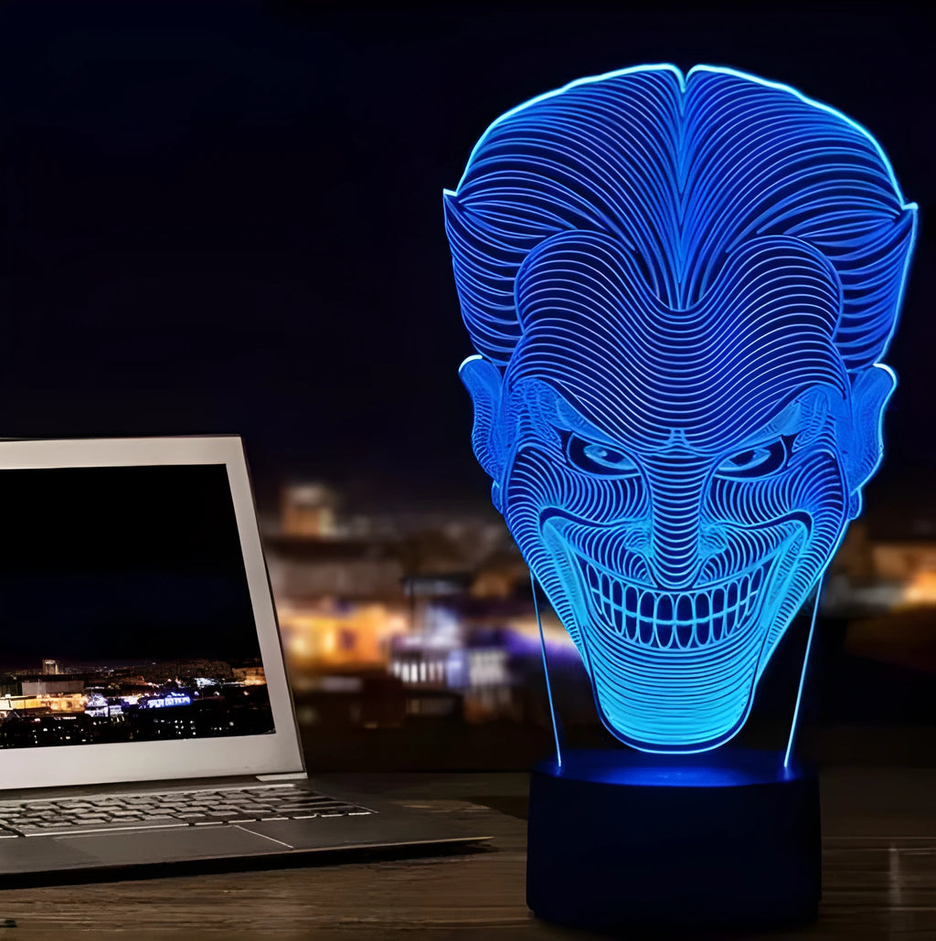 3D LED acrylic table lamp with USB cable and remote control showing multiple colour options