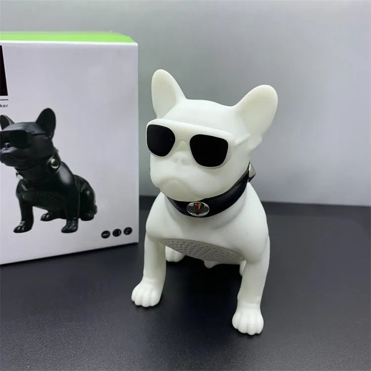 Mini bulldog-shaped Bluetooth speaker in black, red, or white colour, showing compact design.