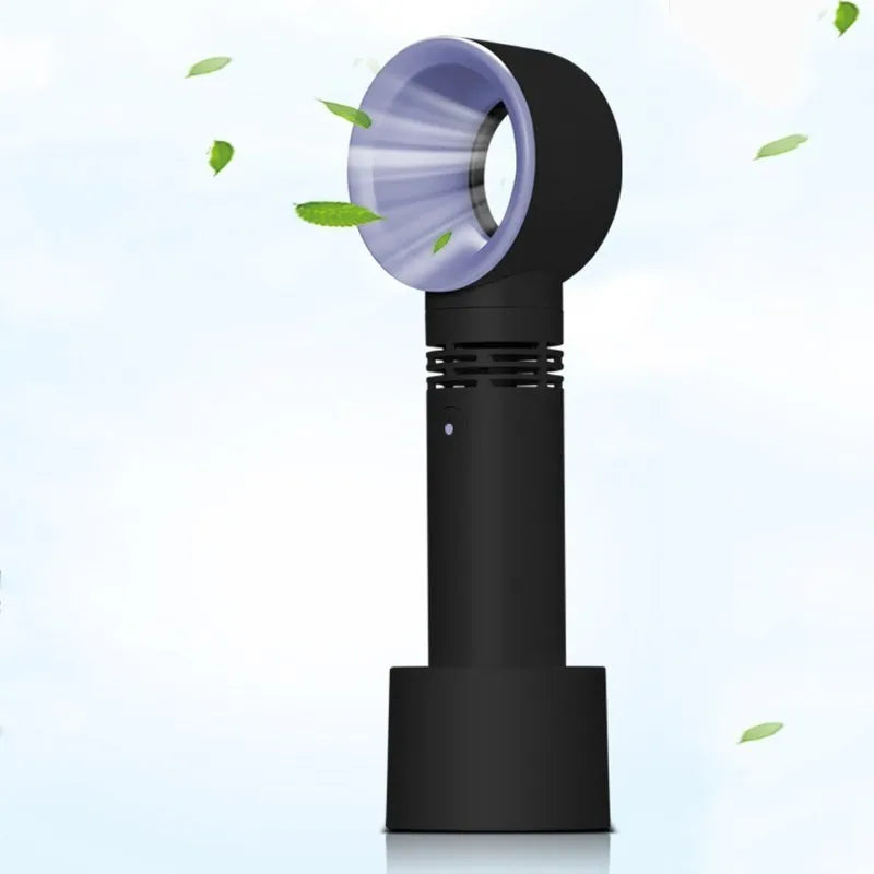 Compact portable bladeless fan in chosen colour on its base, with USB cable for charging.