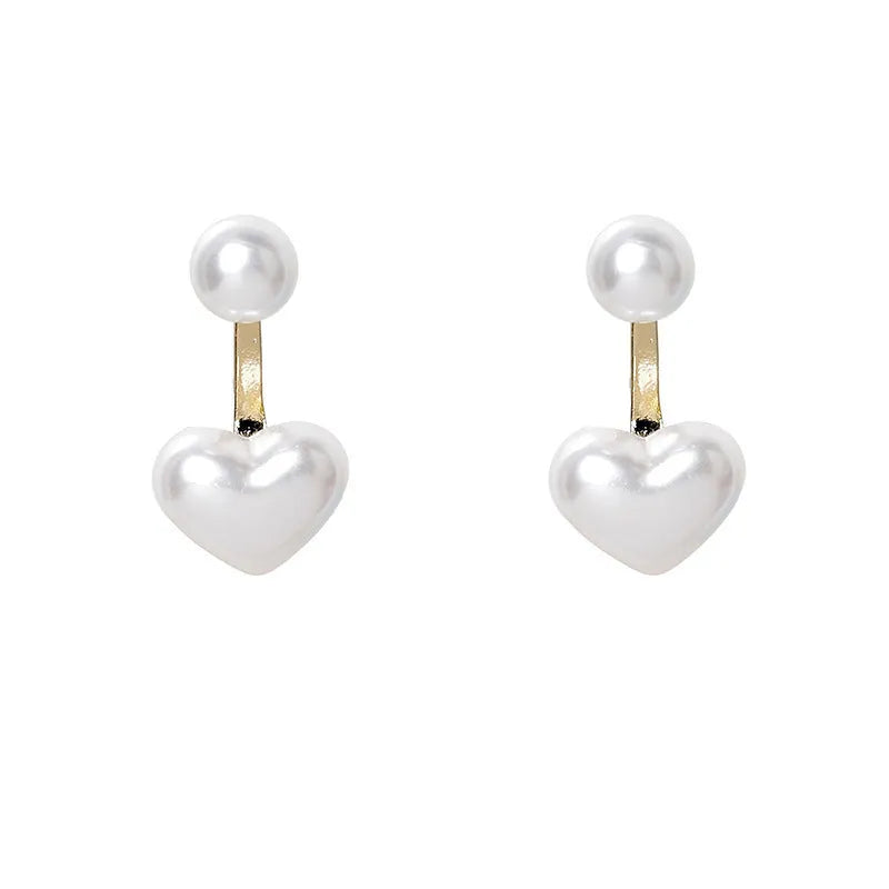 Korean style heart-shaped pearl stud earrings for women with artificial gem inlays on electroplated alloy.
