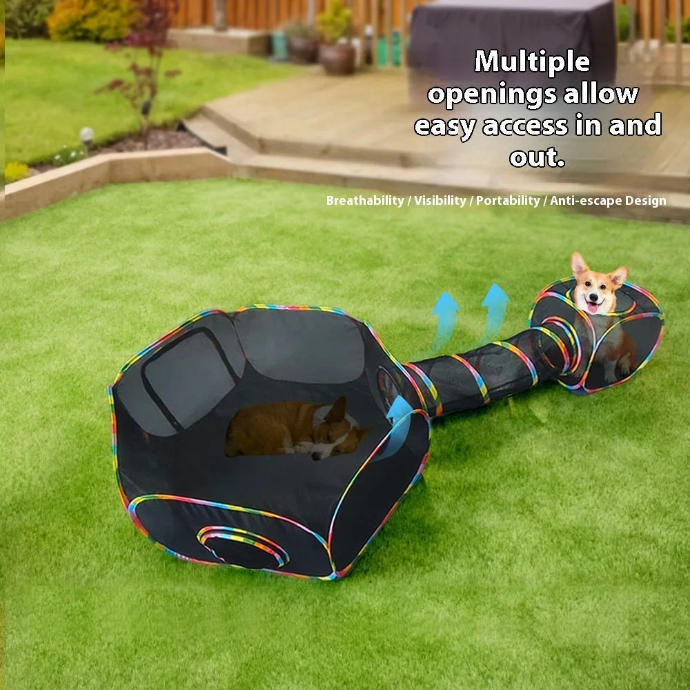 Foldable mesh cat cage showing multiple shape configurations