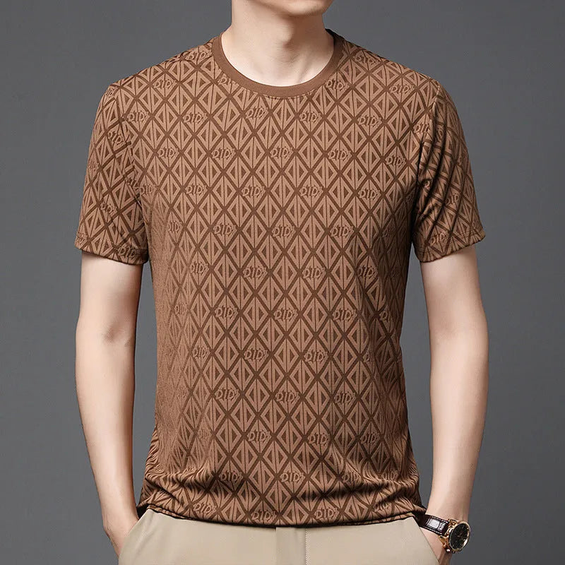 Men's loose fit ice silk polyester T-shirt in black, blue, dark green and caramel colours