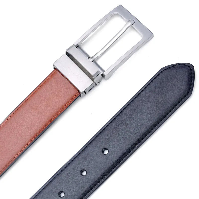 Men's dark brown genuine leather belt with a rotating silver alloy pin buckle on a wooden surface