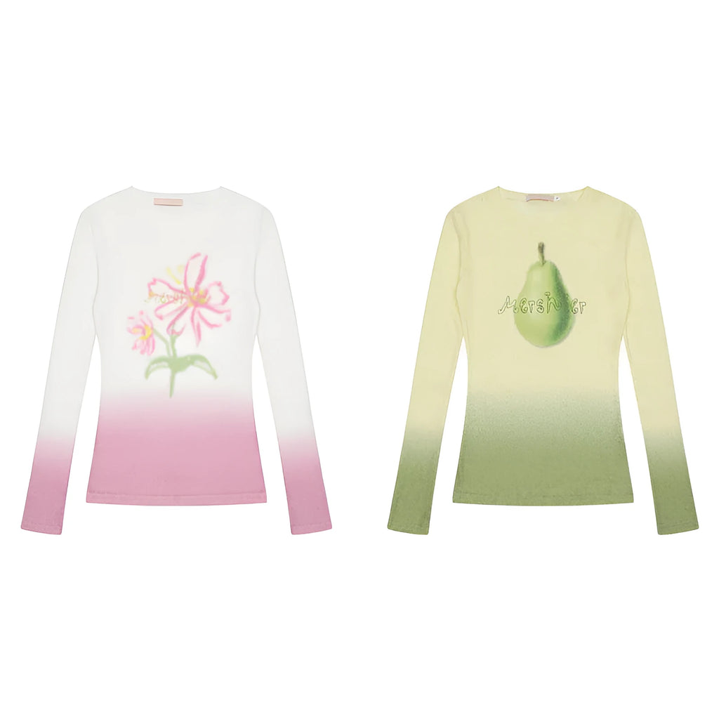 Women's gradient flower long-sleeved T-shirt in yellow green or light pink colour