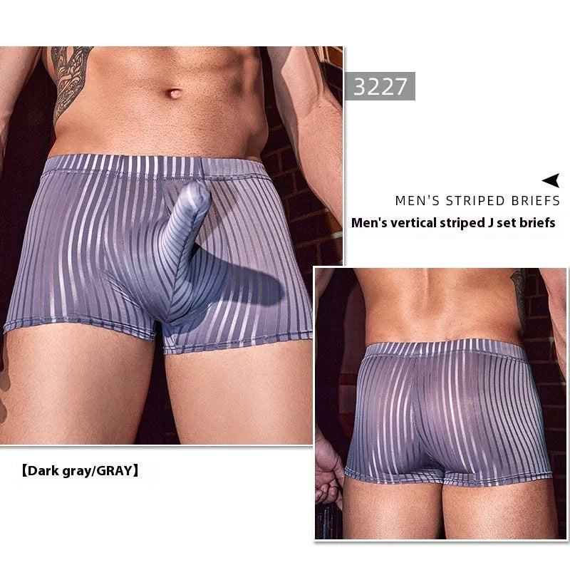 Men's vertical stripe boxer briefs in black nylon fabric showing stretch and pattern detail