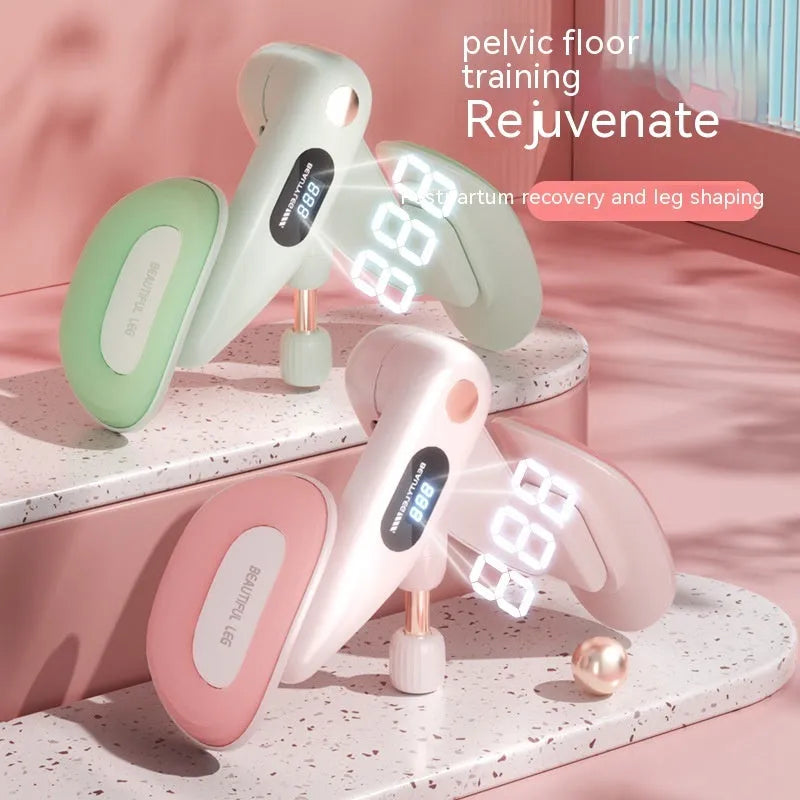 Pelvic floor muscle trainer device with counter in blue, grey, green, and pink colour options