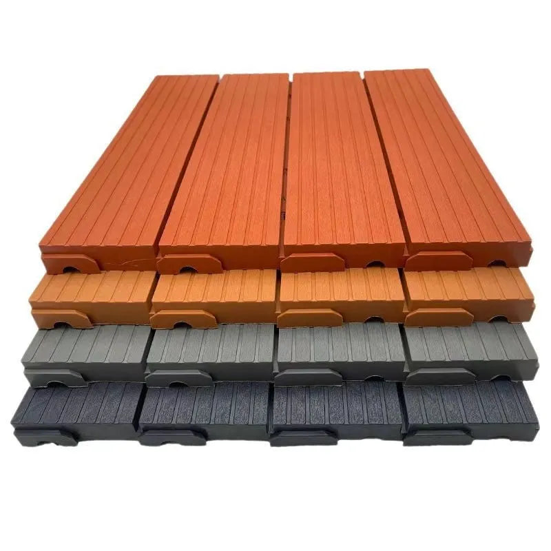 Ten square plastic floor tiles with wood grain finish shown interlocked on a floor.
