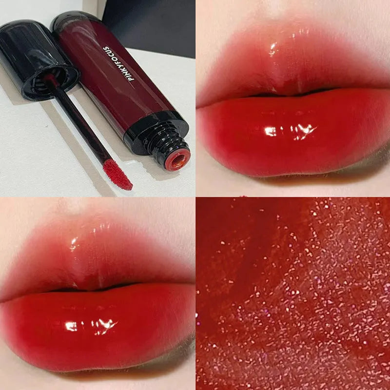 Black shiny Mirror Lip Lacquer tube with six swatches showing matte shades from tomato to sweet potato.
