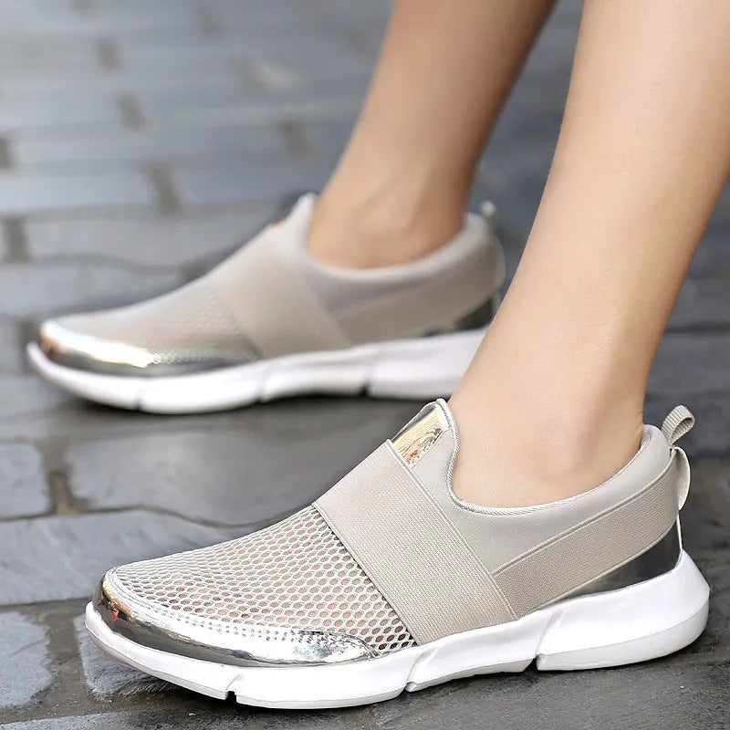 Breathable mesh women's casual sneakers in blue, black or grey with low-top design.