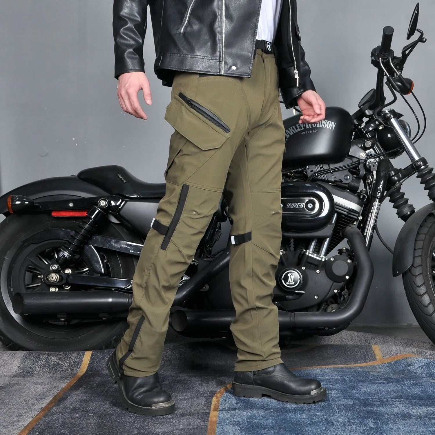 Men's waterproof motorcycle cycling trousers in black or green with belt and protective gear set