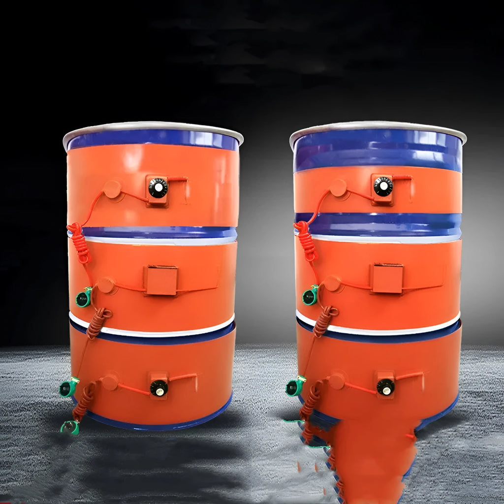 Silicone rubber heating belt wrapped around a 200-litre oil drum with digital thermostat display.