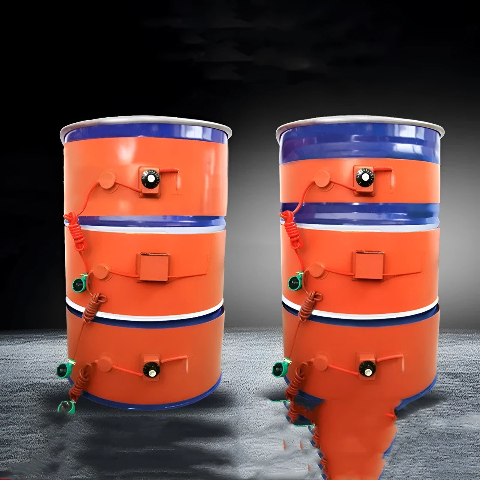 Silicone rubber heating belt wrapped around a 200-litre oil drum with digital thermostat display.