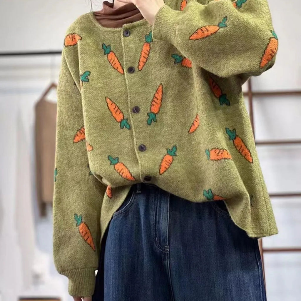 Round neck loose cardigan sweater with artistic Mori printing colour contrast in viscose fabric