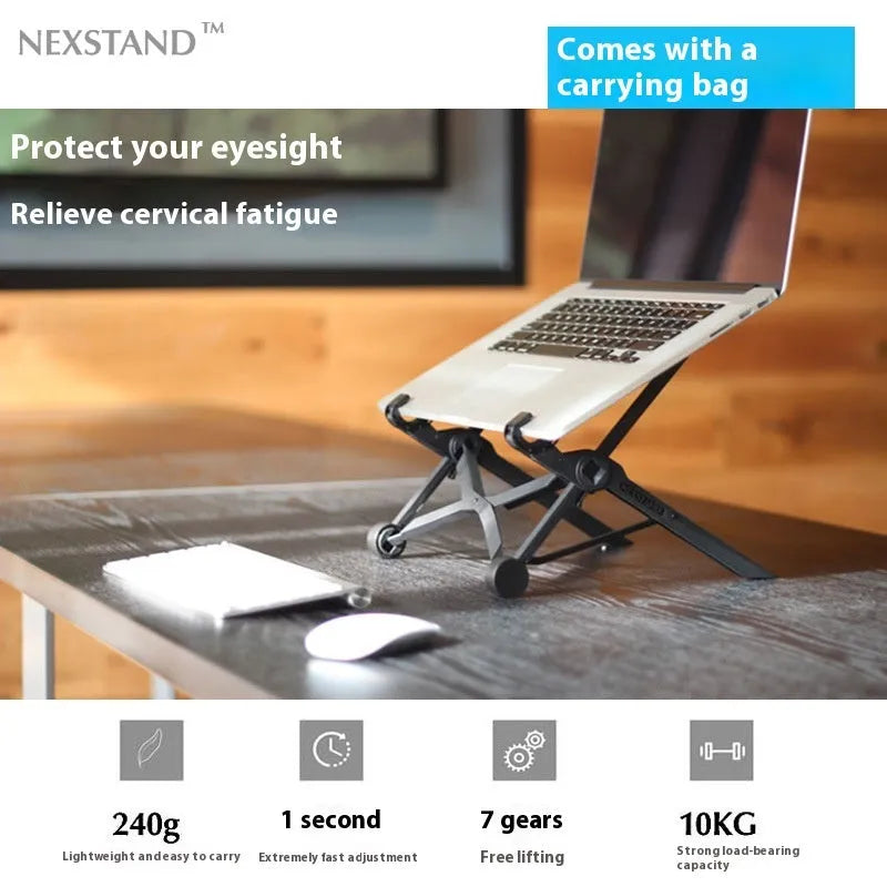 Sagacious black portable folding laptop bracket with enhanced nylon construction showing folded and unfolded positions