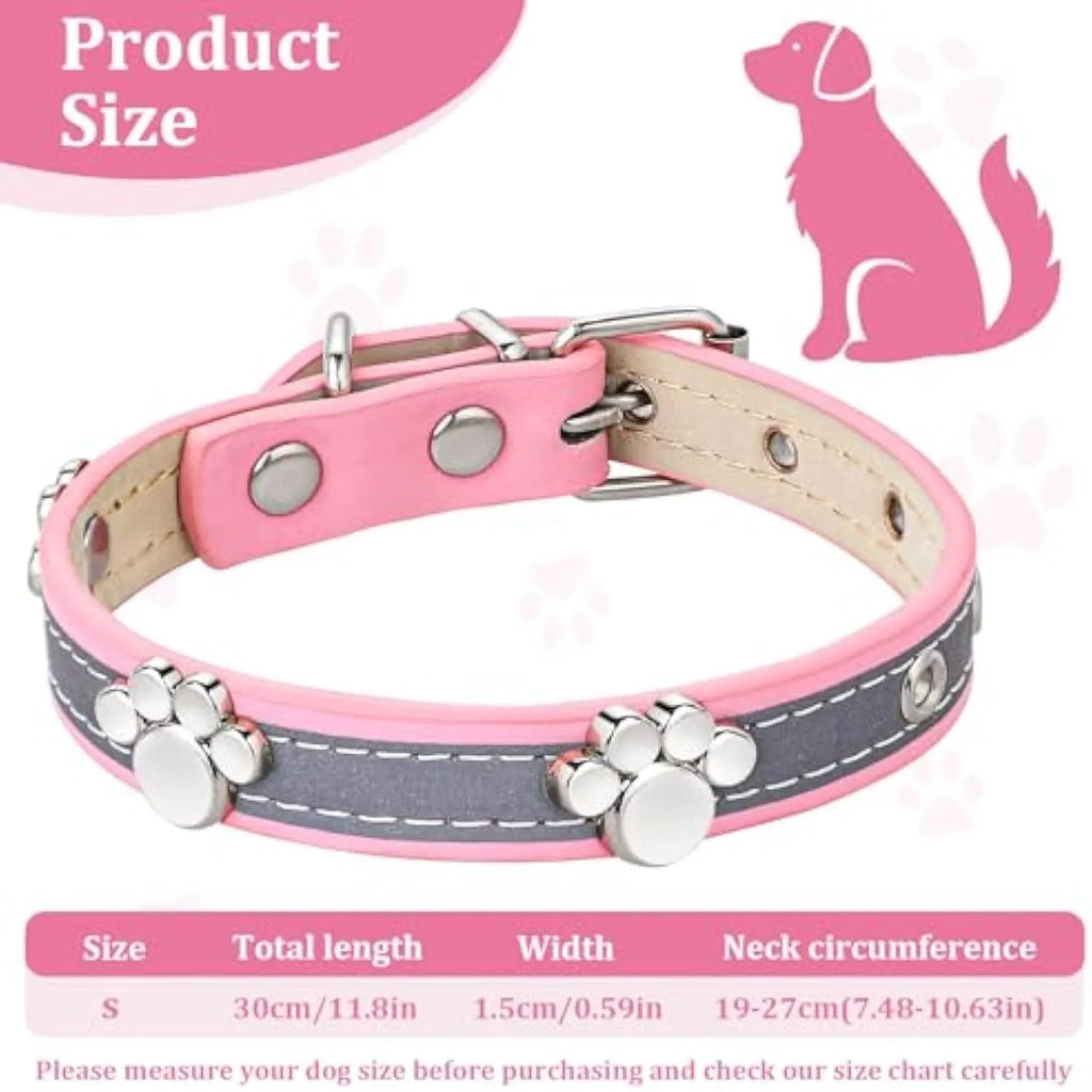 Reflective brown leather dog collar with metal buckle and cute paw-shaped rivet detail.