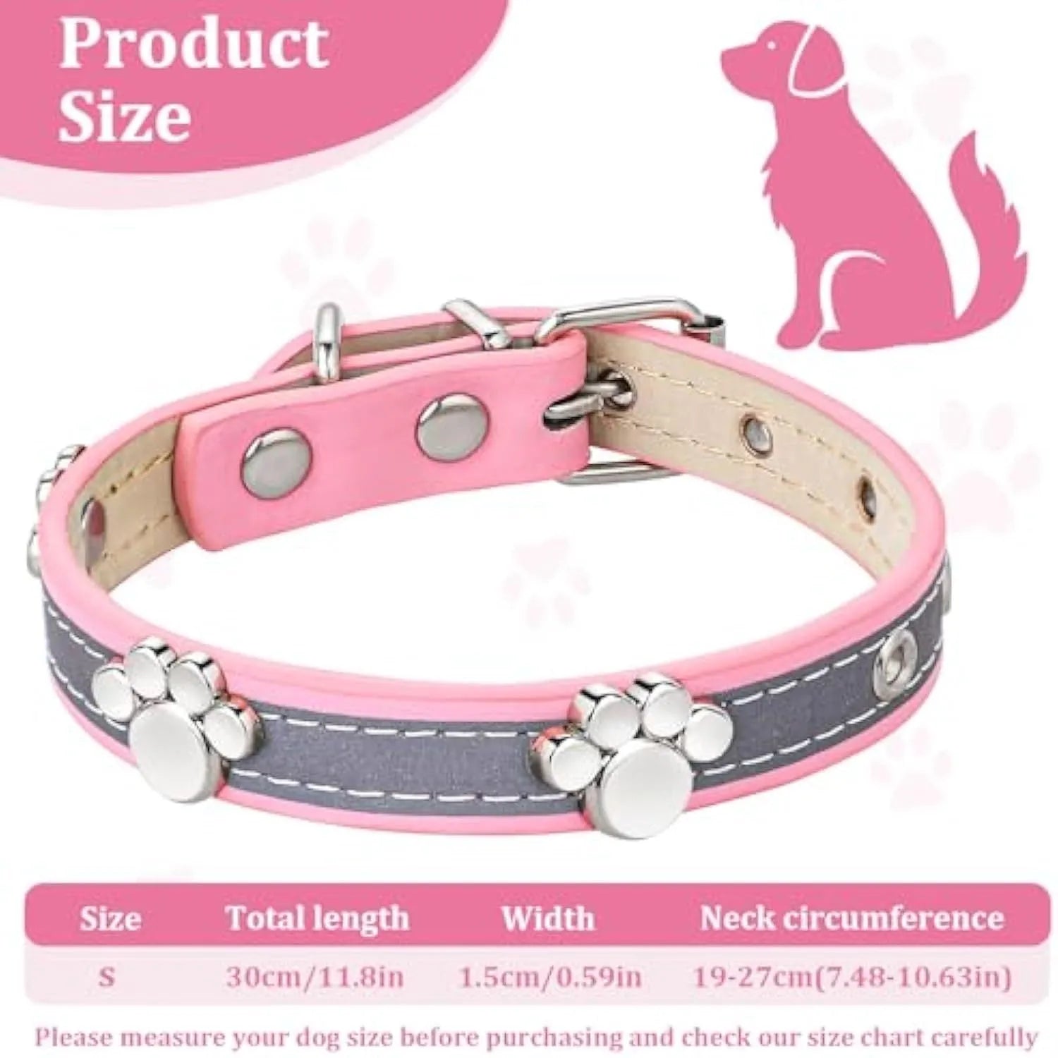 Reflective brown leather dog collar with metal buckle and cute paw-shaped rivet detail.