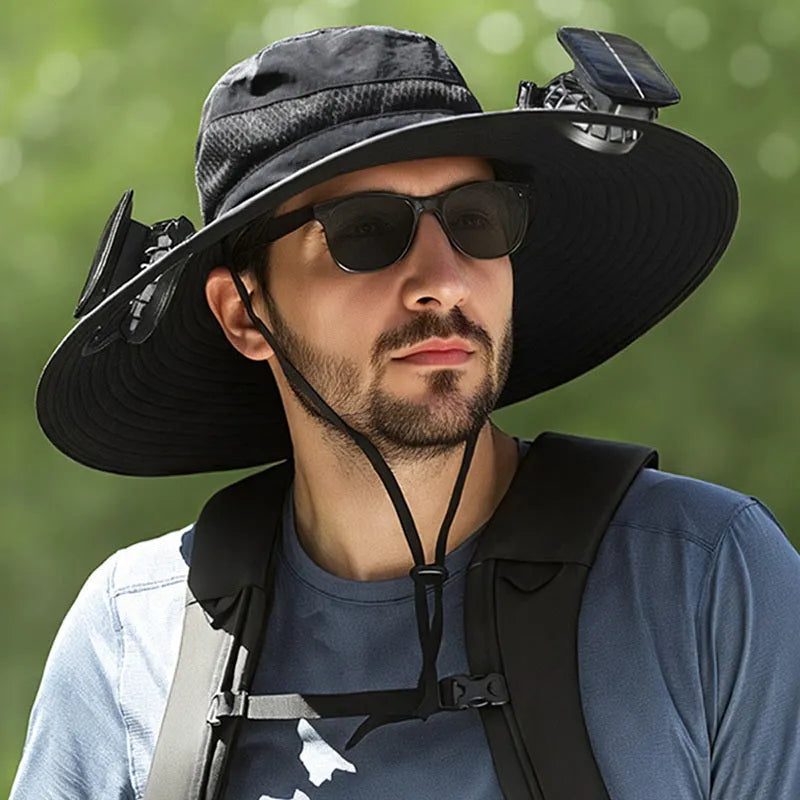 A man wearing a customisable solar-powered fan hat with a cooling fan visible on the brim, shown in a khaki colour.