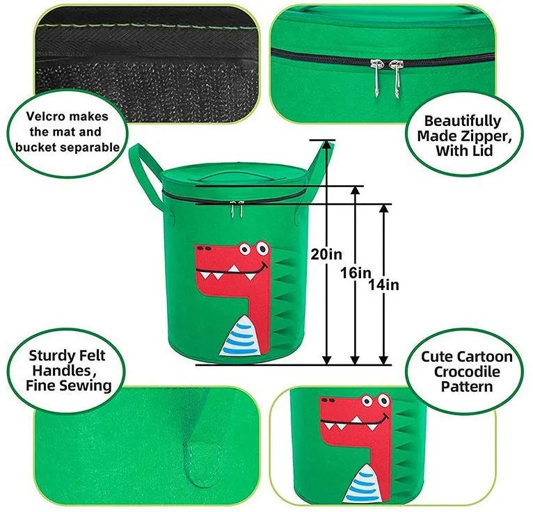 Green felt cube storage bag with pull rope, laid flat as a play mat