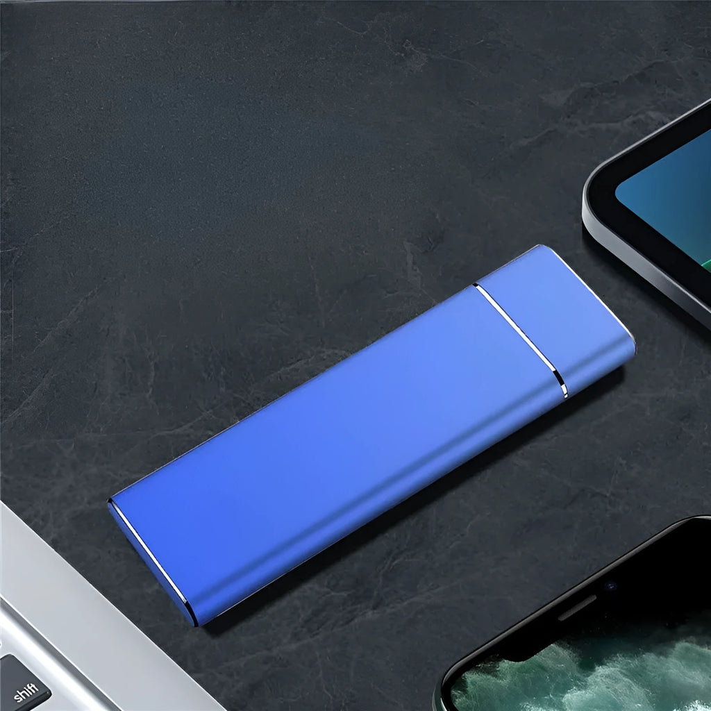 Sapphire Blue portable external hard drive with metal shell measuring 10.3cm with included data cable