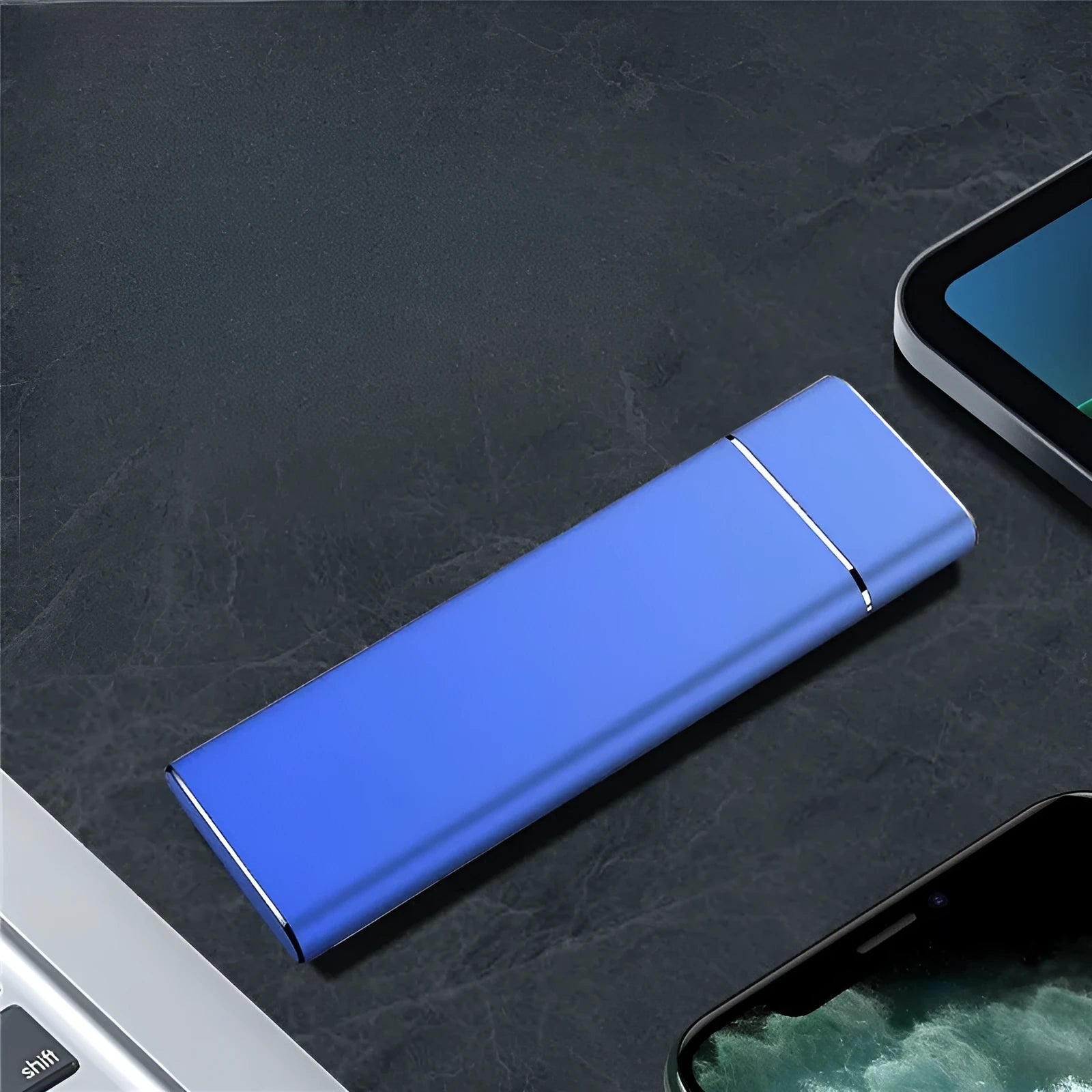 Sapphire Blue portable external hard drive with metal shell measuring 10.3cm with included data cable