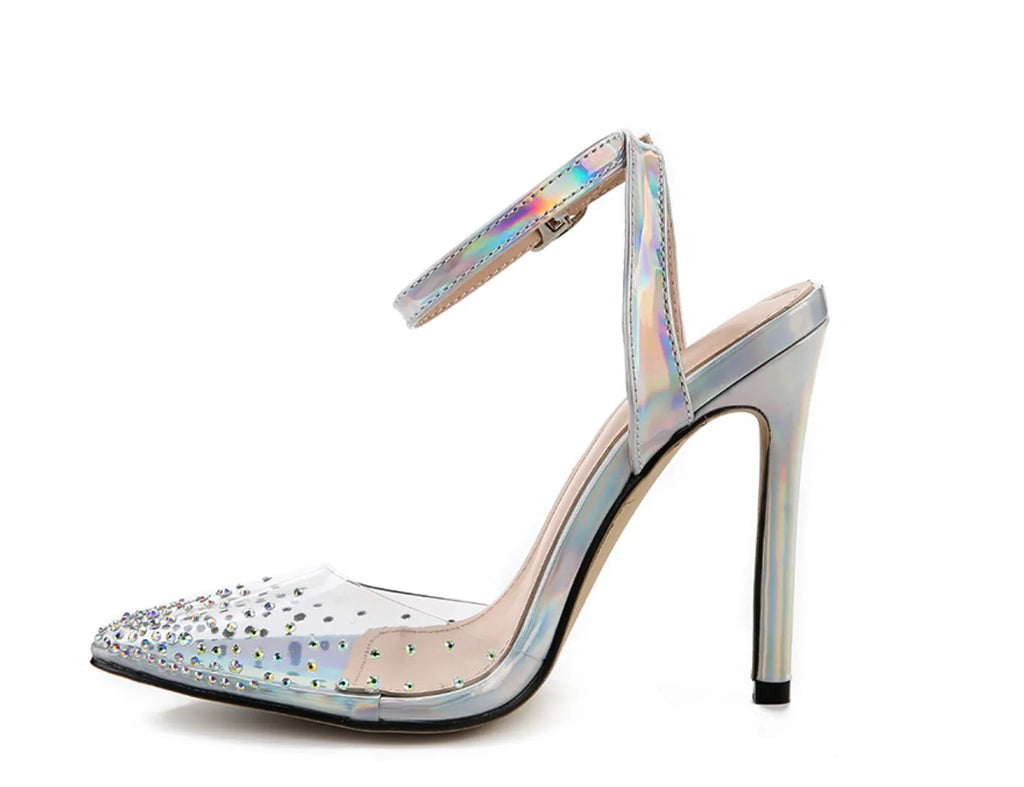 Women's pointed toe diamond sandals with stiletto heel and strappy PVC upper.