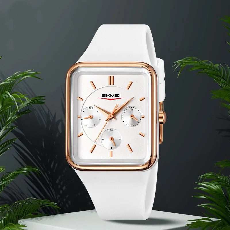 Square silicone waterproof watch for girls showing 10.8mm thickness and colour options