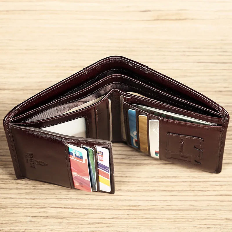 Men's leather wallet open showing card slots, coin pocket, photo window, and document holder in black or brown