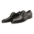 Men's black leather derby shoes with checkered cowhide vamp and pointed toe for business wear