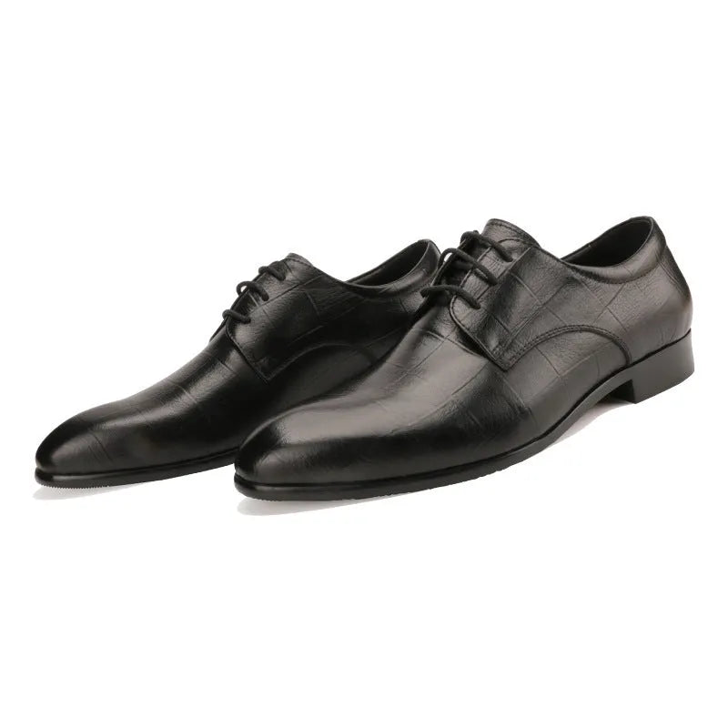 Men's black leather derby shoes with checkered cowhide vamp and pointed toe for business wear