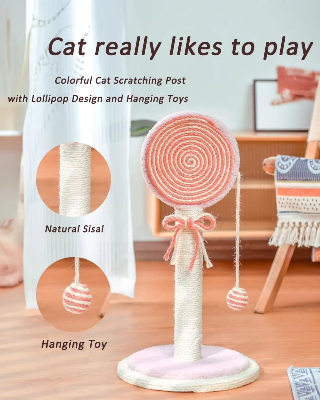 Blue cat scratching post with sisal rope and a hanging yellow ball on a sturdy square base