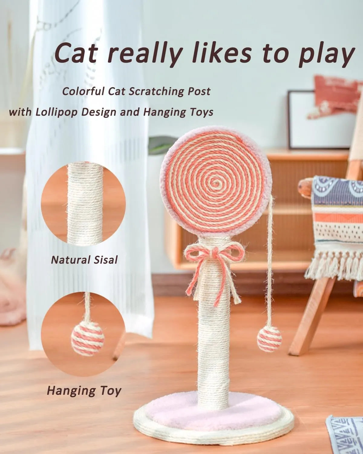 Blue cat scratching post with sisal rope and a hanging yellow ball on a sturdy square base