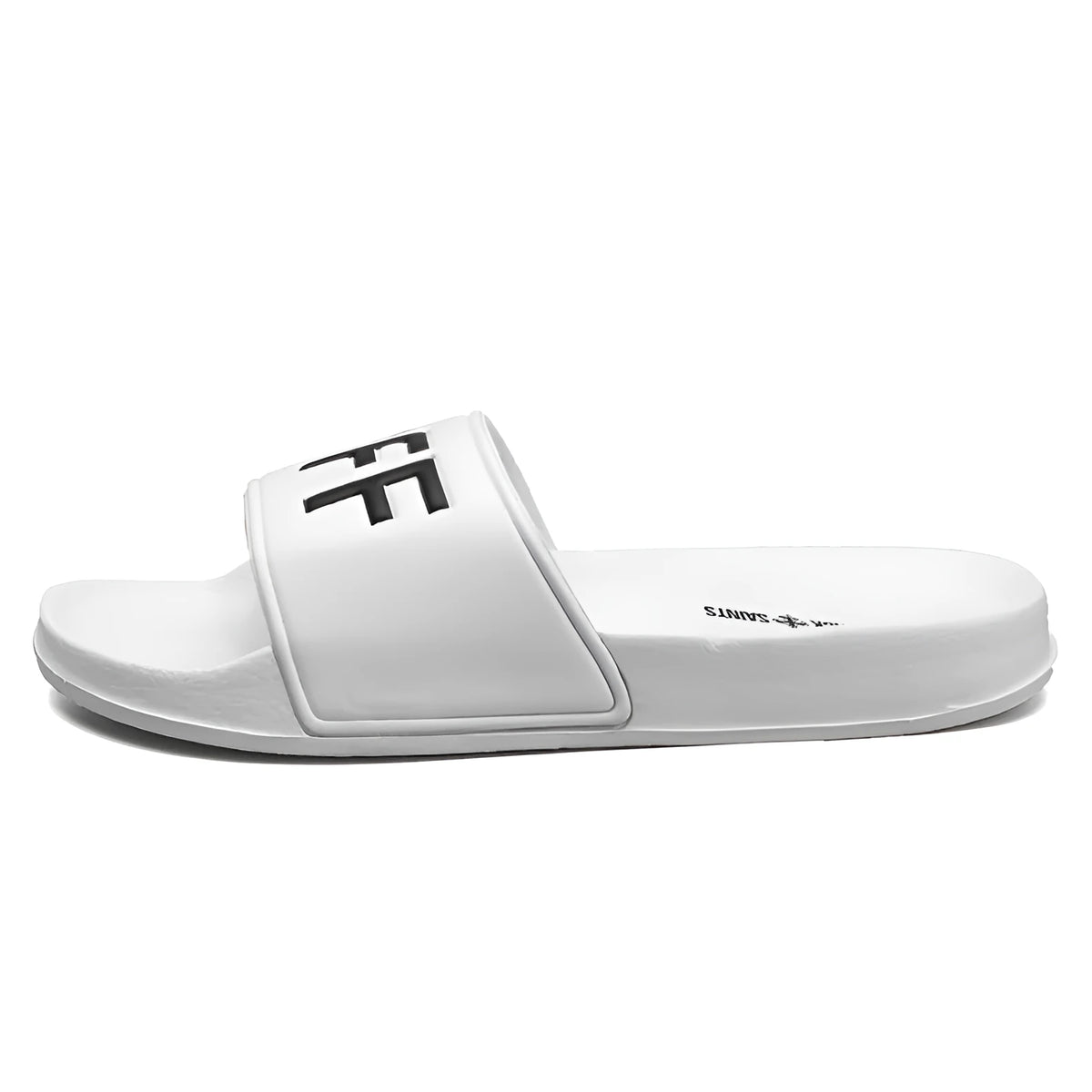 Men's black open toe personalised slippers with rubber sole showing European size markings