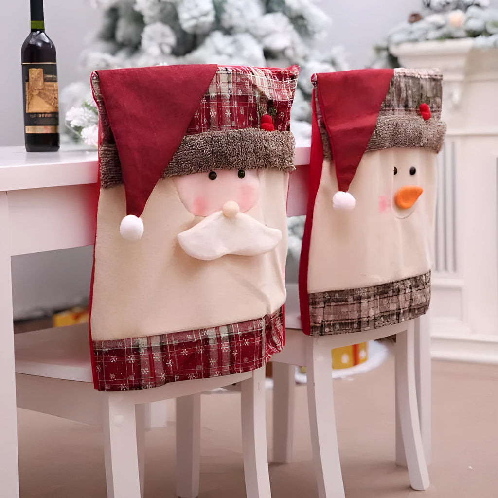 Christmas chair cover set showing Santa Claus, Snowman and Santa Hat designs for dining chairs