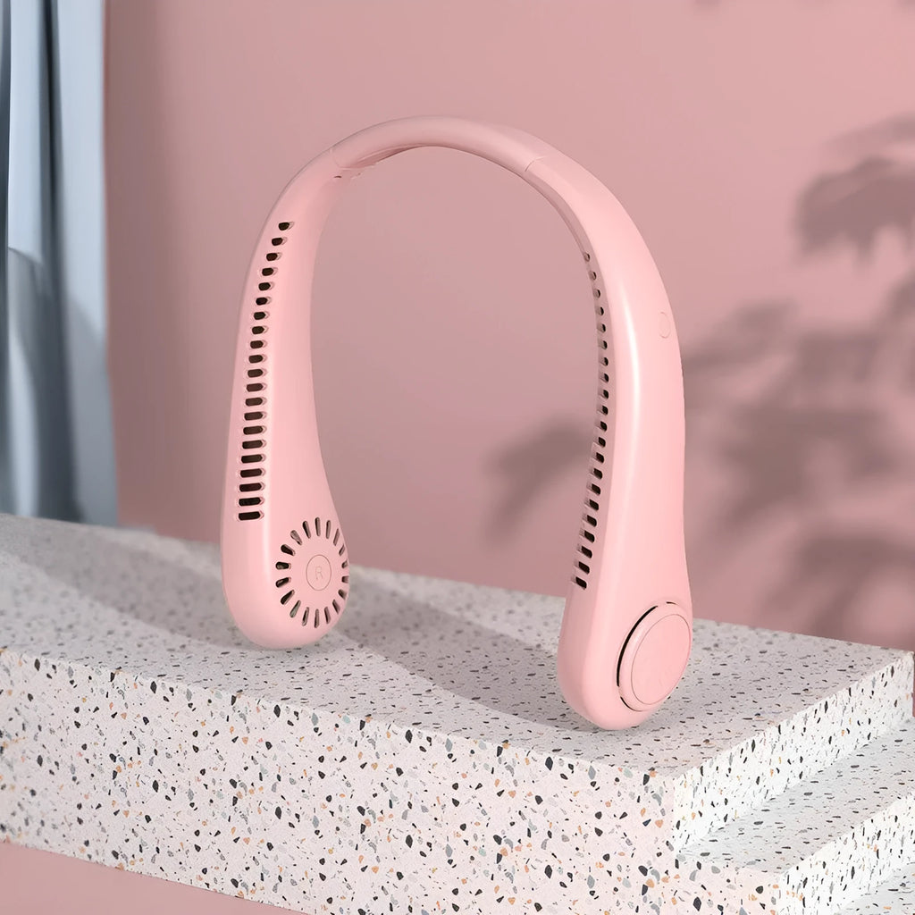 Pink portable bladeless neck fan being worn, showing flexible neckband and air outlets.