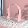Pink portable bladeless neck fan being worn, showing flexible neckband and air outlets.