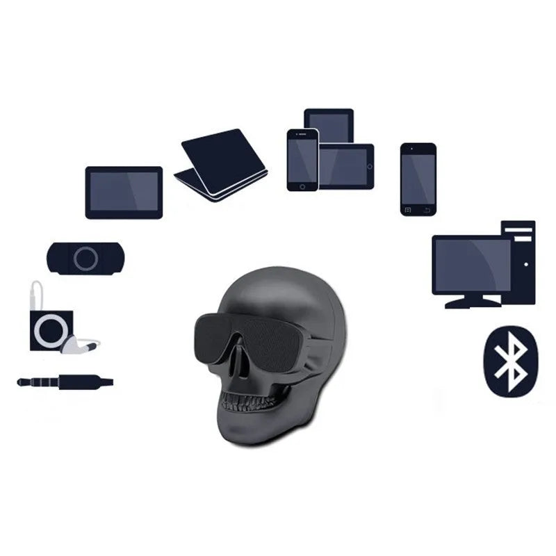 Skull-shaped wireless Bluetooth speaker in black with portable compact design