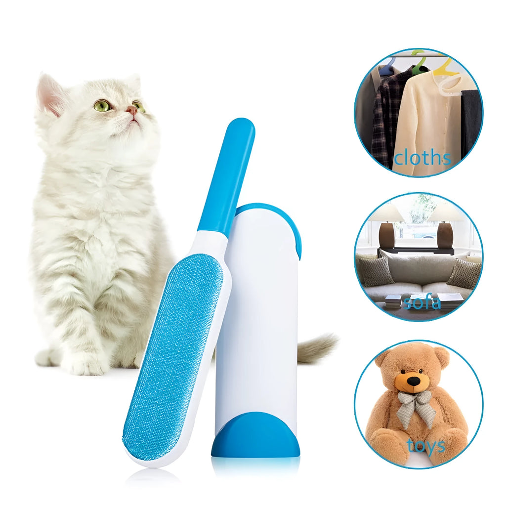 Blue reusable pet hair removal brush with double-sided adhesive head next to its self-cleaning base.