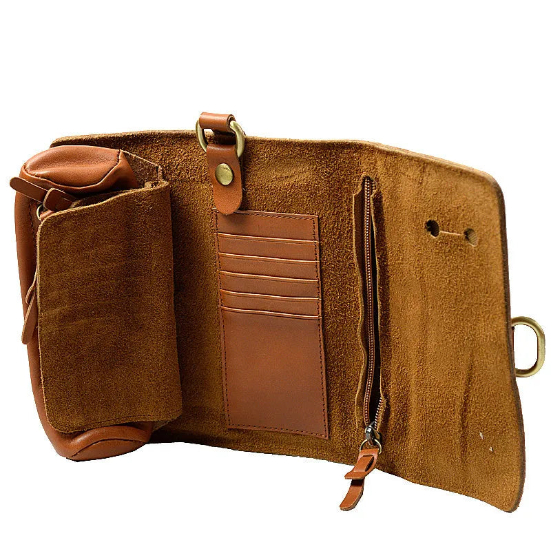 Handmade vintage bifold wallet in genuine cow leather showing tape extraction closure