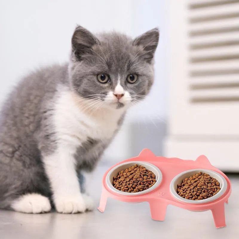 Ceramic cat bowl set on ABS stand with hook, in blue, pink, white or yellow