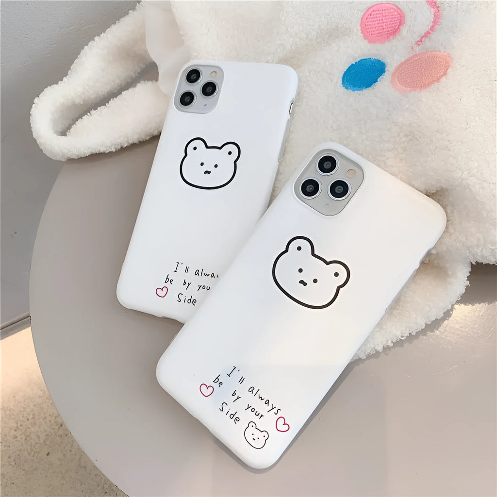 Soft silicone iPhone case with a Korean bear cartoon design on the back.